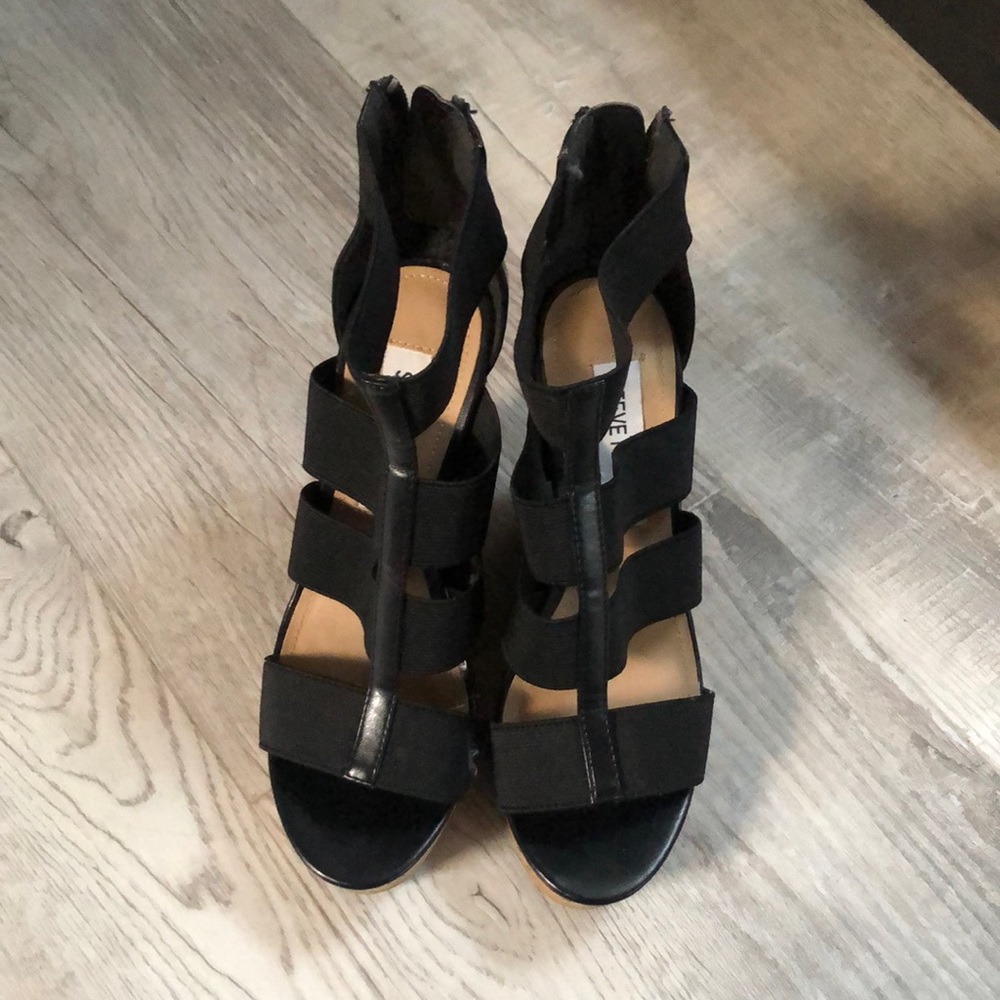 Steve Madden Selinah Black/Cork Elastic Wedges